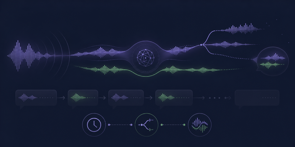 利用者の音声とAIの発話が中央で重なりながら処理され、途中の間や割り込みにも対応する様子を描いた概念図